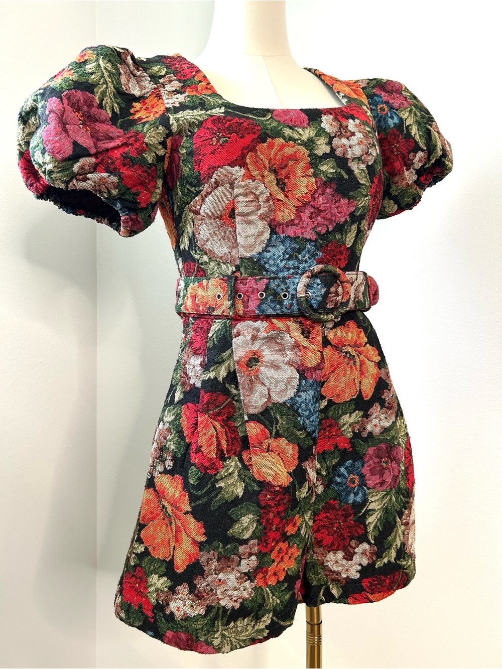 Entro Floral Tapestry Puff Sleeve Romper Womens S